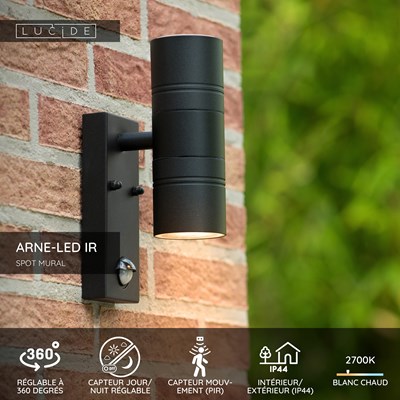Lucide ARNE-LED IR - Spot mural / Applique mural Intérieur/Extérieur - Ø 6,3 cm - LED - GU10 - 2x5W 2700K - IP44- Détecteur De Mouvement & Jour/Nuit - Noir